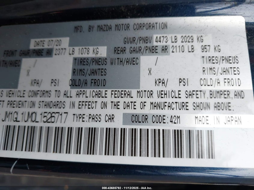2020 Mazda Mazda6 Sport VIN: JM1GL1UM0L1526717 Lot: 43685792