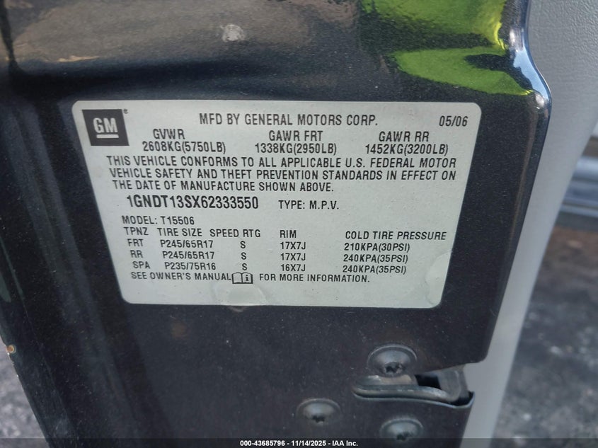 2006 Chevrolet Trailblazer Ls VIN: 1GNDT13SX62333550 Lot: 43685796