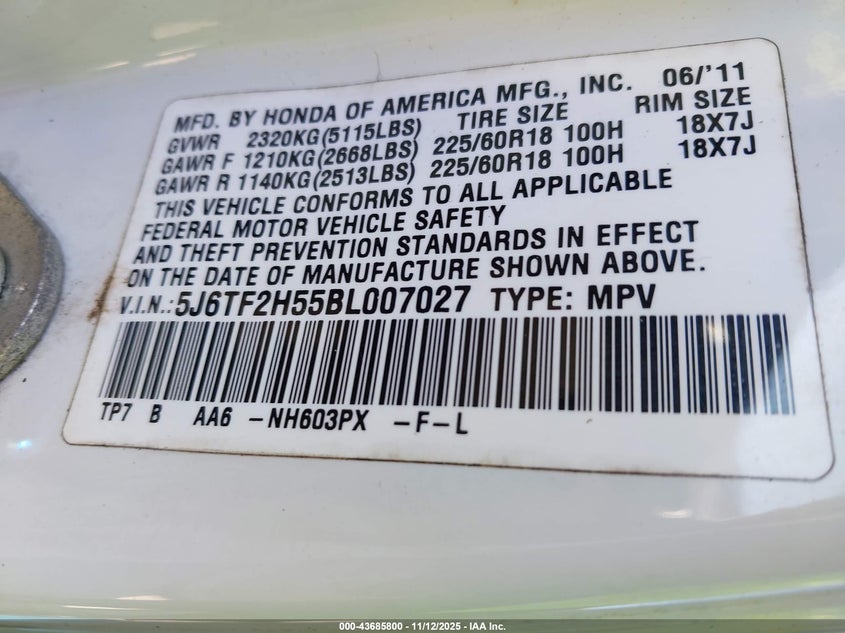 5J6TF2H55BL007027 2011 HONDA ACCORD photo no. 9
