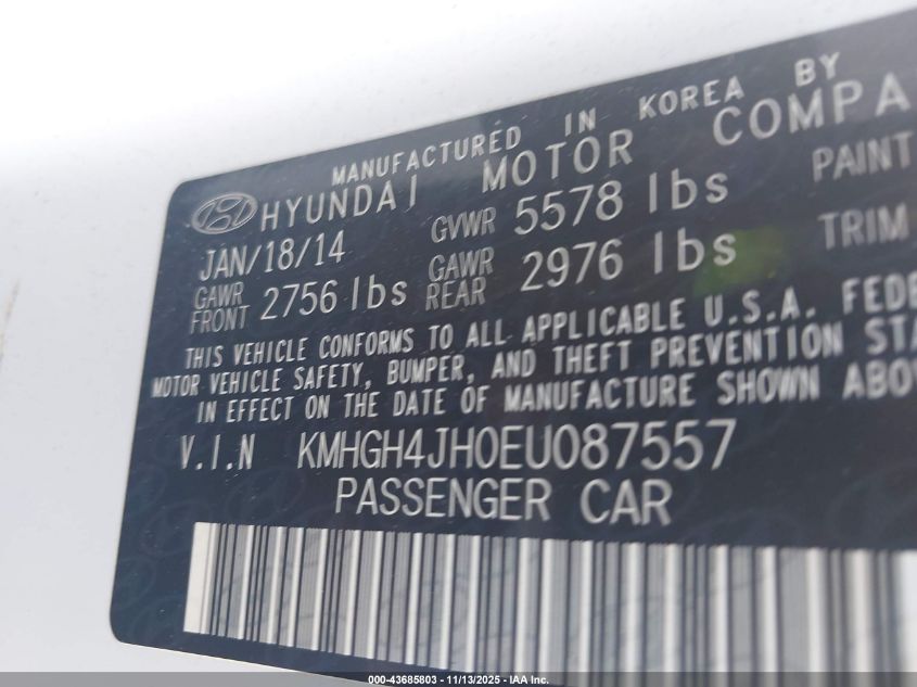 2014 Hyundai Equus Signature VIN: KMHGH4JH0EU087557 Lot: 43685803