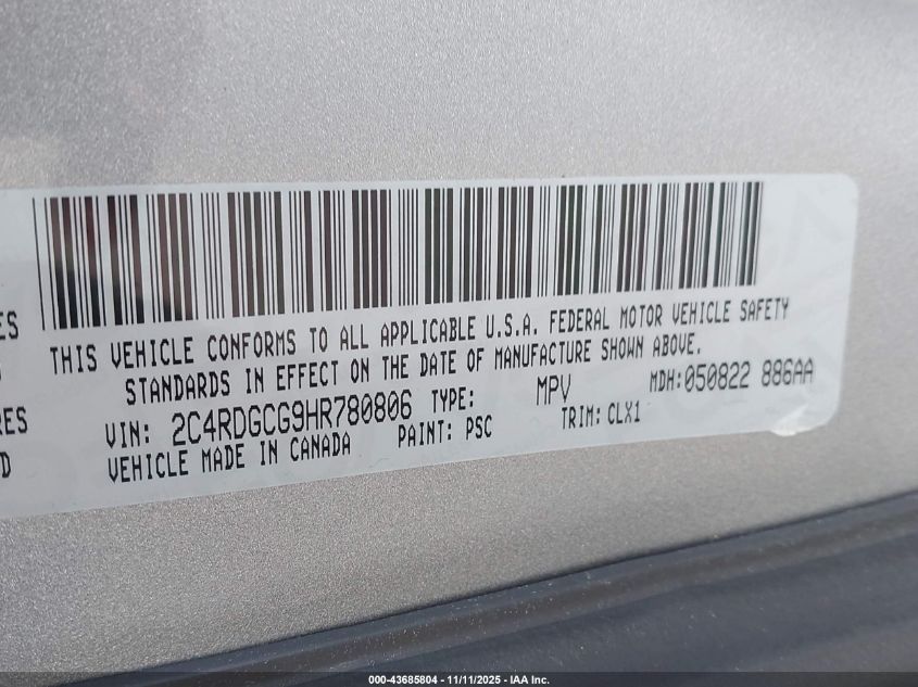2017 Dodge Grand Caravan Sxt VIN: 2C4RDGCG9HR780806 Lot: 43685804