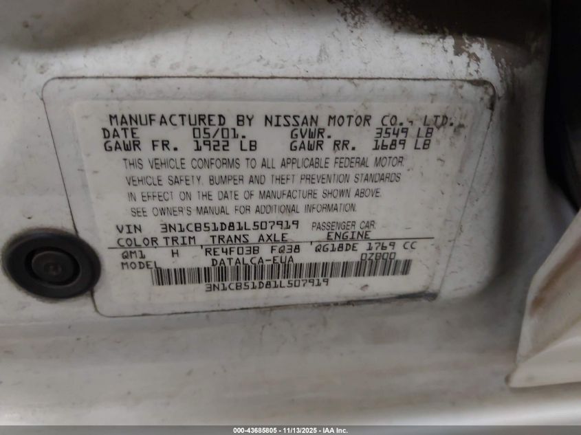 2001 Nissan Sentra Xe VIN: 3N1CB51D81L507919 Lot: 43685805