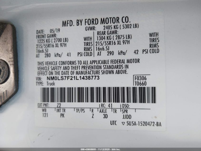 2020 Ford Transit Connect Xlt VIN: NM0LS7F21L1438773 Lot: 43685809