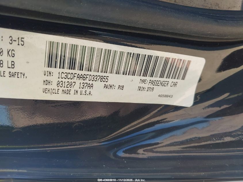 2015 Dodge Dart Se VIN: 1C3CDFAA6FD337855 Lot: 43685818