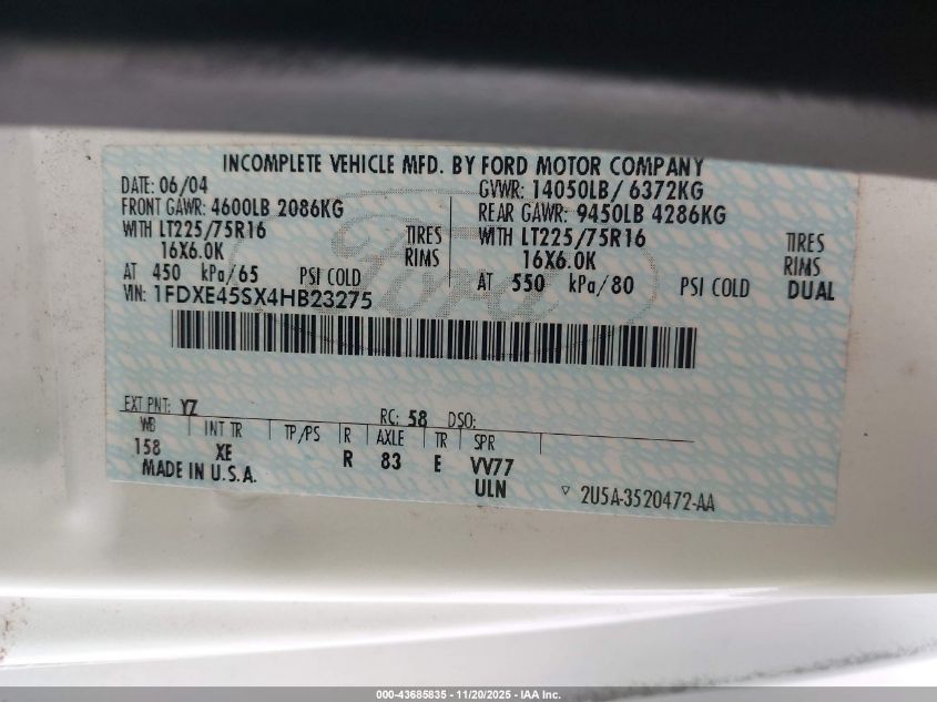 2004 Ford E-450 Cutaway Standard VIN: 1FDXE45SX4HB23275 Lot: 43685835