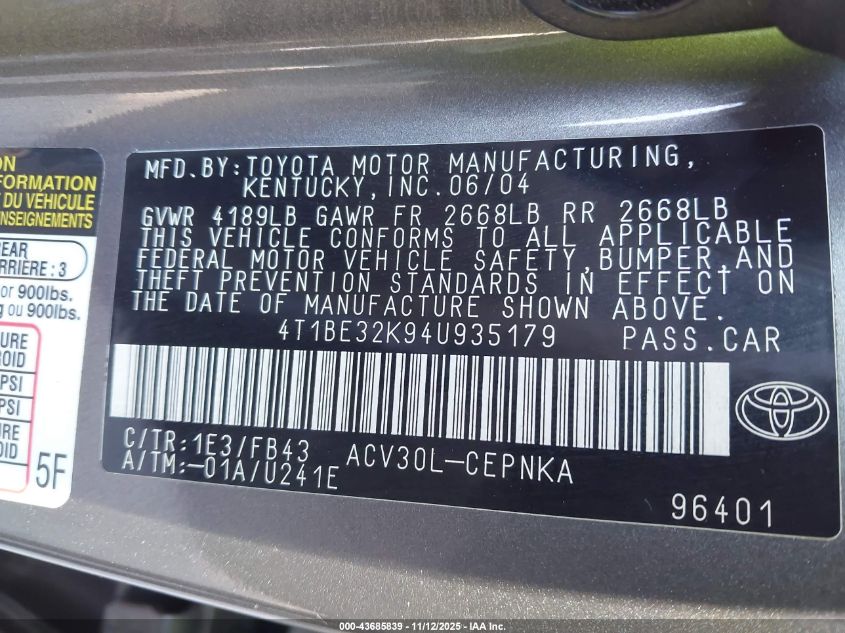 2004 Toyota Camry Le VIN: 4T1BE32K94U935179 Lot: 43685839