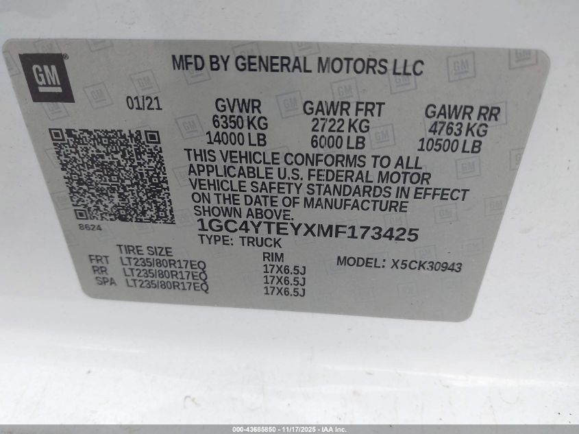 2021 Chevrolet Silverado 3500Hd 4Wd Long Bed Lt VIN: 1GC4YTEYXMF173425 Lot: 43685850