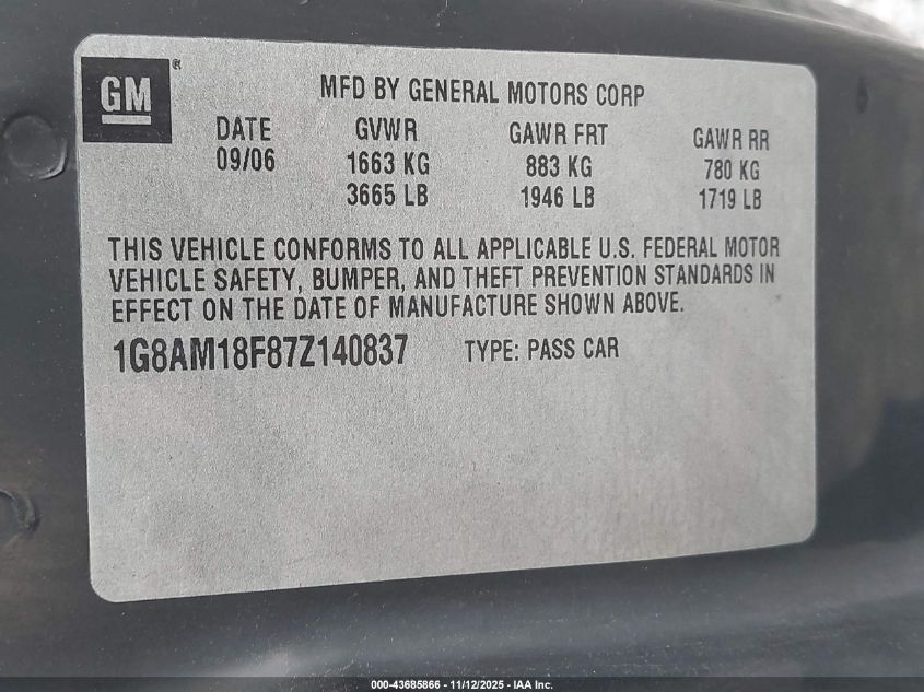 2007 Saturn Ion 2 VIN: 1G8AM18F87Z140837 Lot: 43685866