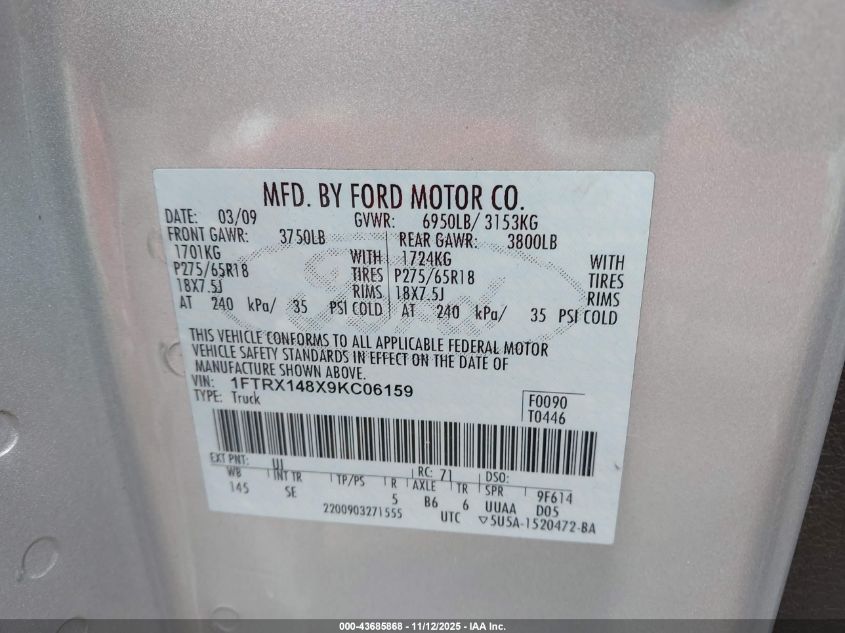 2009 Ford F-150 Stx/Xl/Xlt VIN: 1FTRX148X9KC06159 Lot: 43685868