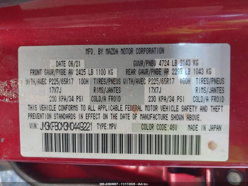 2021 Mazda Cx-5 Touring VIN: JM3KFBCM3M0449221 Lot: 43685887