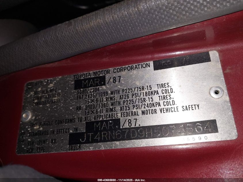 1987 Toyota Pickup Xtracab Rn67 Dlx VIN: JT4RN67D9H5073564 Lot: 43685888