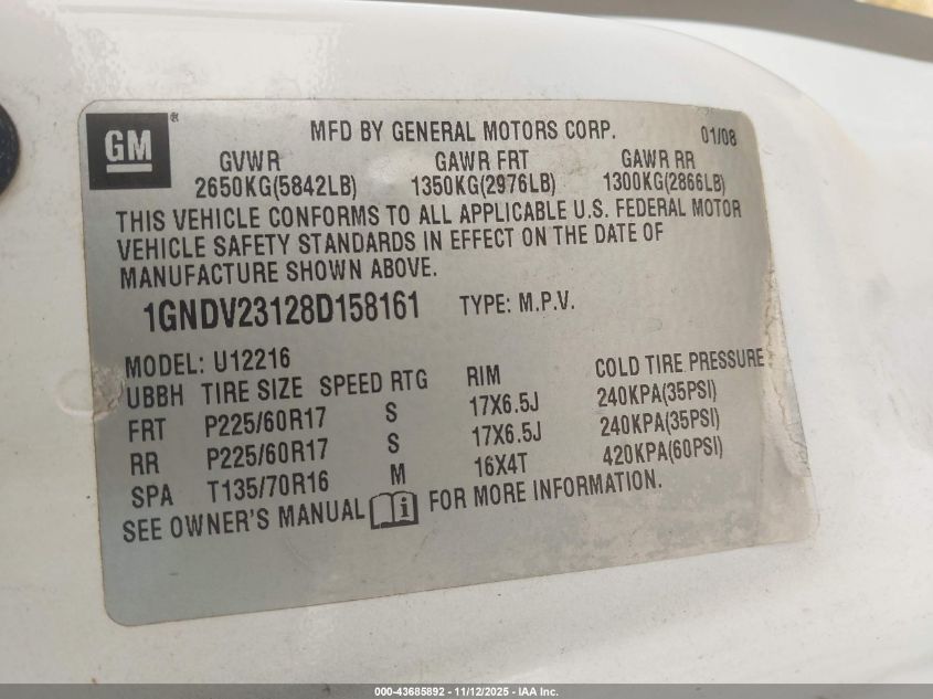 2008 Chevrolet Uplander Ls VIN: 1GNDV23128D158161 Lot: 43685892