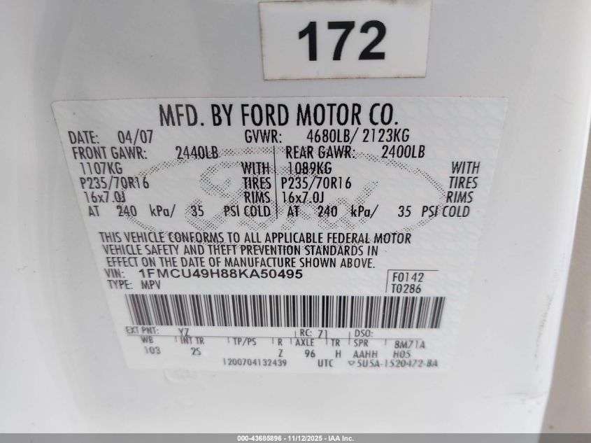 2008 Ford Escape Hybrid VIN: 1FMCU49H88KA50495 Lot: 43685896