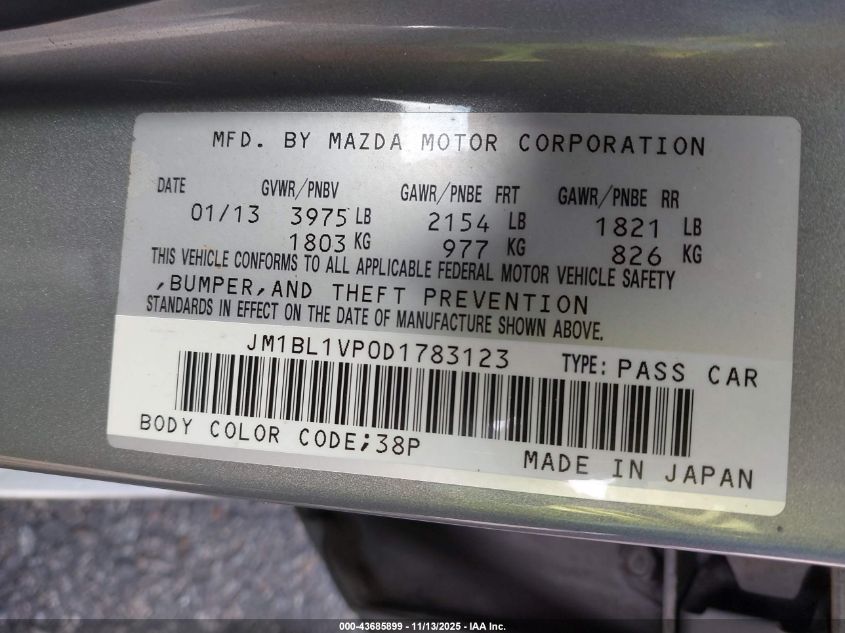 2013 Mazda Mazda3 I Touring VIN: JM1BL1VP0D1783123 Lot: 43685899