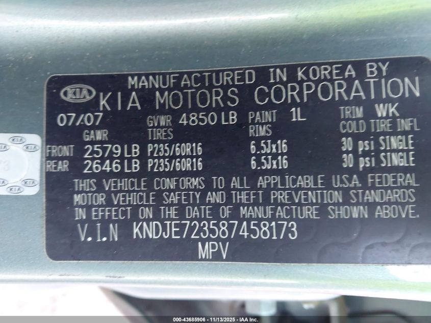 2008 Kia Sportage Ex V6 VIN: KNDJE723587458173 Lot: 43685906