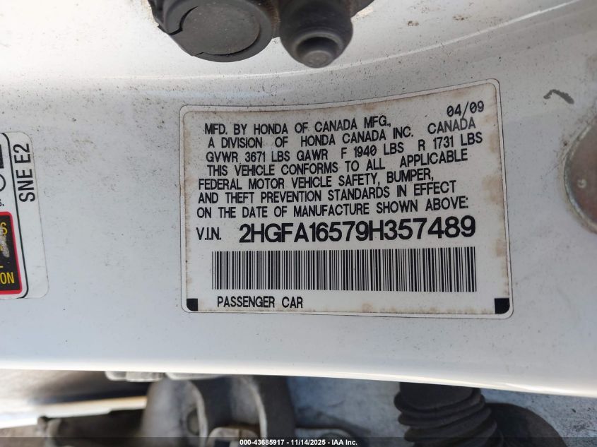 2009 Honda Civic Lx VIN: 2HGFA16579H357489 Lot: 43685917