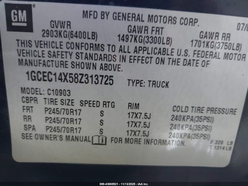 2008 Chevrolet Silverado 1500 Work Truck VIN: 1GCEC14X58Z313725 Lot: 43685921