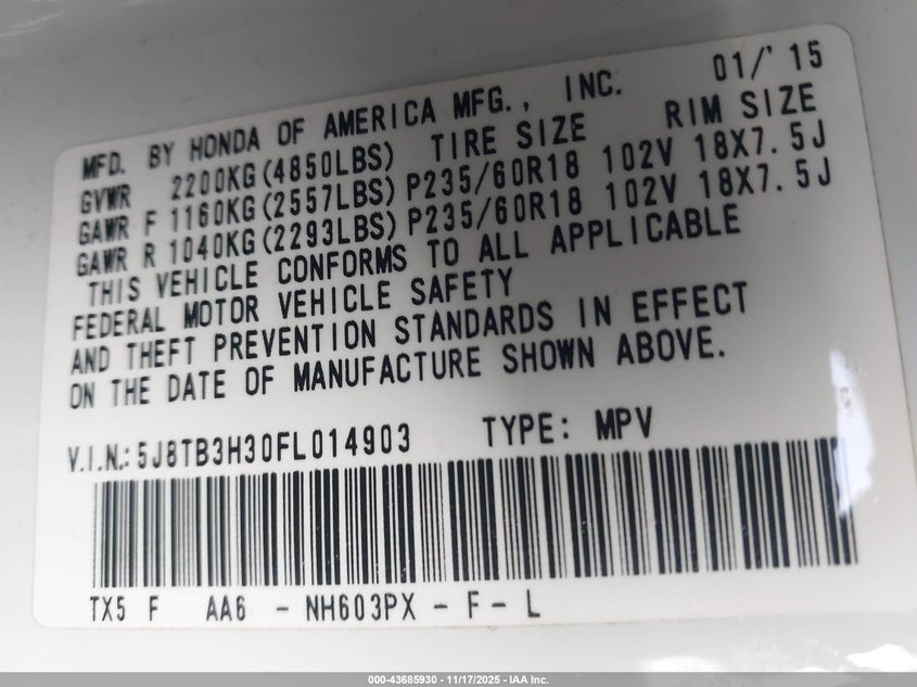 2015 Acura Rdx VIN: 5J8TB3H30FL014903 Lot: 43685930