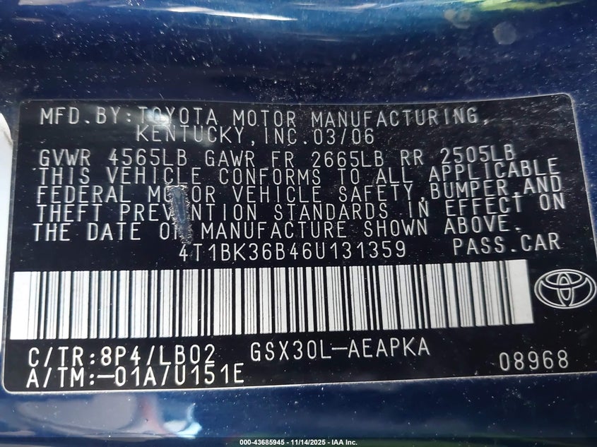2006 Toyota Avalon Limited VIN: 4T1BK36B46U131359 Lot: 43685945