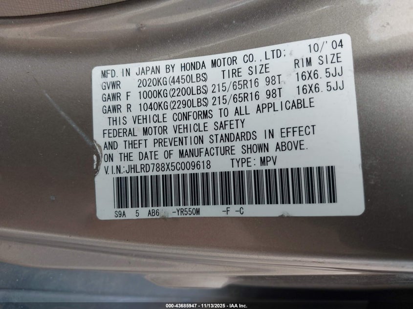 2005 Honda Cr-V Ex VIN: JHLRD788X5C009618 Lot: 43685947