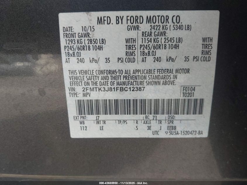 2015 Ford Edge Sel VIN: 2FMTK3J81FBC12387 Lot: 43685958