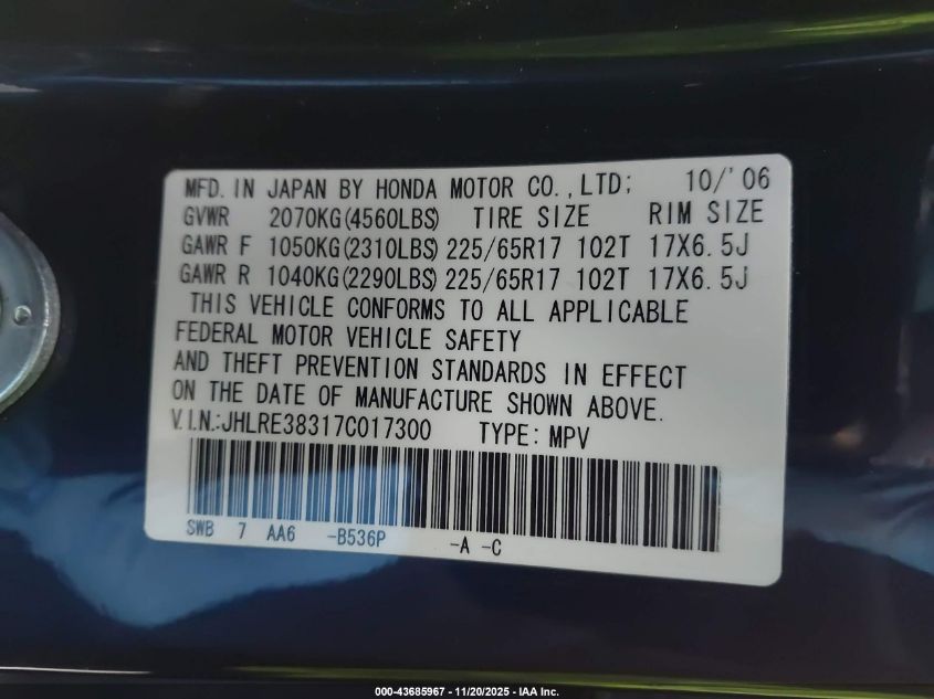 2007 Honda Cr-V Lx VIN: JHLRE38317C017300 Lot: 43685967