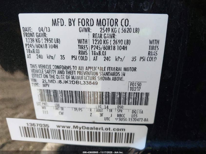 2013 Lincoln Mkx VIN: 2LMDJ8JK2DBL33849 Lot: 43685985