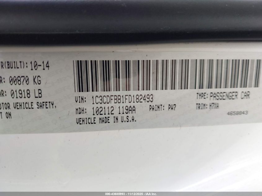 2015 Dodge Dart Sxt VIN: 1C3CDFBB1FD182493 Lot: 43685993