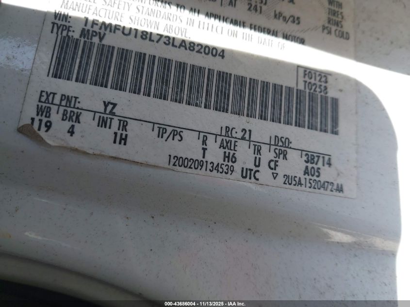 2003 Ford Expedition Eddie Bauer VIN: 1FMFU18L73LA82004 Lot: 43686004