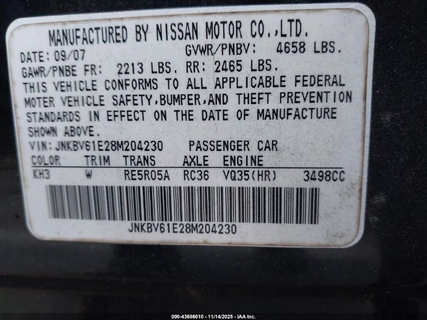 2008 Infiniti G35 Journey VIN: JNKBV61E28M204230 Lot: 43686010