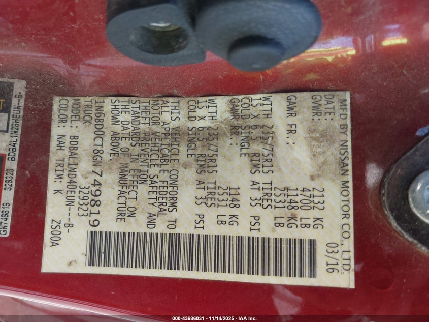 2016 NISSAN FRONTIER S - 1N6BD0CT8GN749819