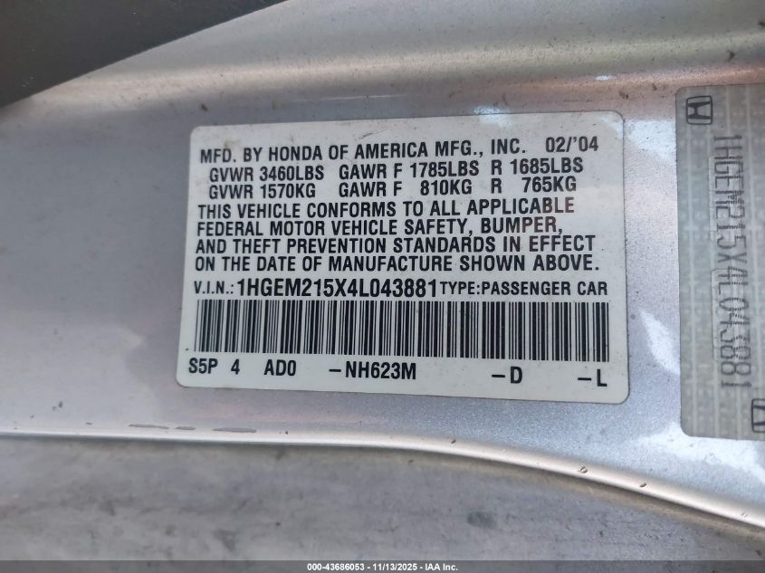 2004 Honda Civic Lx VIN: 1HGEM215X4L043881 Lot: 43686053