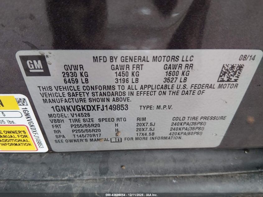 2015 Chevrolet Traverse 1Lt VIN: 1GNKVGKDXFJ149853 Lot: 43686054