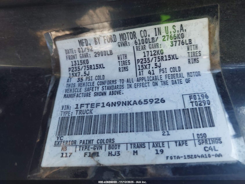 1992 Ford F150 VIN: 1FTEF14N9NKA65926 Lot: 43686059