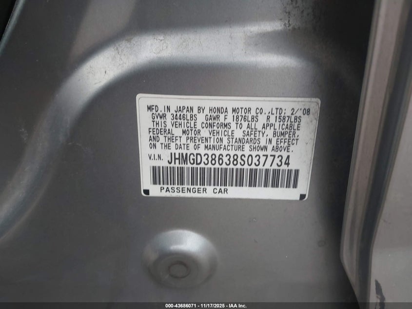 JHMGD38638S037734 2008 HONDA FIT photo no. 9