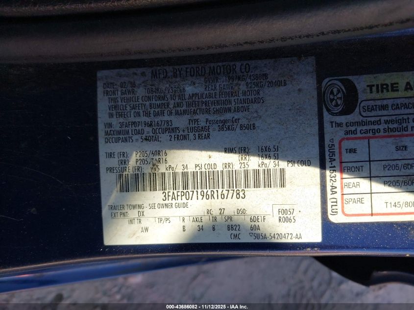 2006 Ford Fusion Se VIN: 3FAFP07196R167783 Lot: 43686082