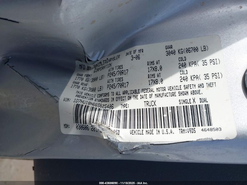 2006 Dodge Ram 1500 Slt/Trx4 Off Road/Sport VIN: 1D7HU18N66S625406 Lot: 43686090