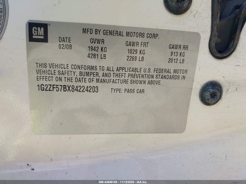 2008 Pontiac G6 Value Leader VIN: 1G2ZF57BX84224203 Lot: 43686105