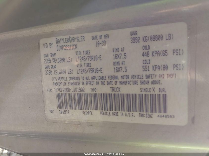 2000 Dodge Ram 2500 St VIN: 1B7KF2368YJ161902 Lot: 43686158