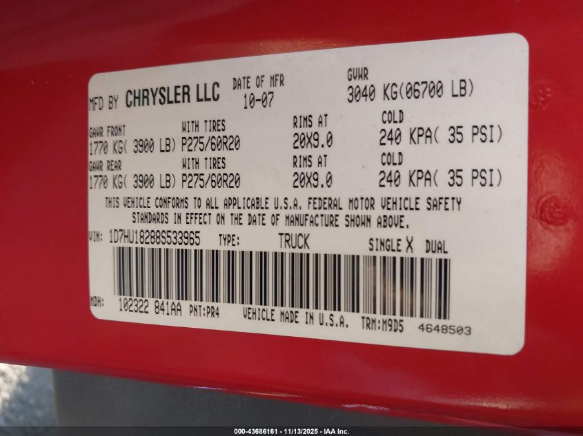 2008 Dodge Ram 1500 Slt VIN: 1D7HU18288S533965 Lot: 43686161