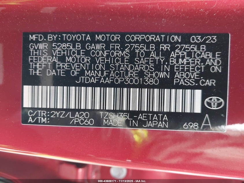 2023 Toyota Crown Platinum VIN: JTDAFAAF0P3001380 Lot: 43686171