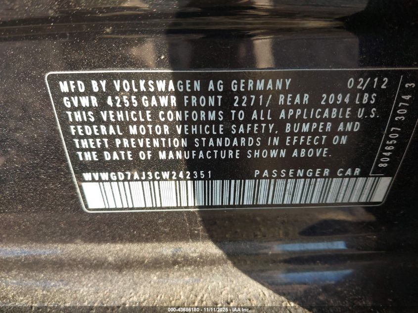 2012 Volkswagen Gti 4-Door Autobahn VIN: WVWGD7AJ3CW242351 Lot: 43686180