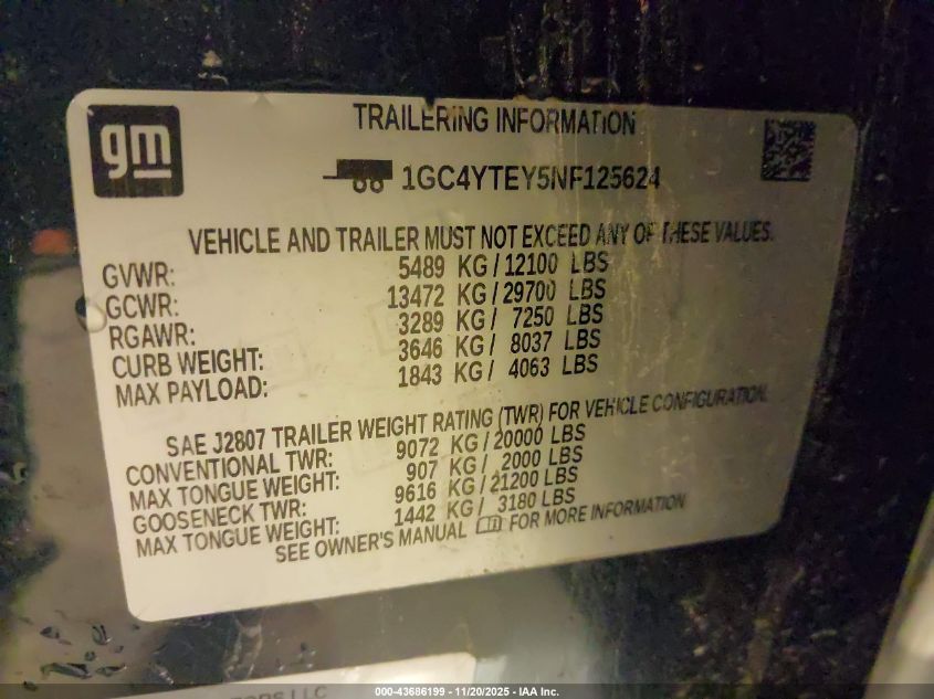 2022 Chevrolet Silverado 3500Hd 4Wd Standard Bed Lt VIN: 1GC4YTEY5NF125624 Lot: 43686199