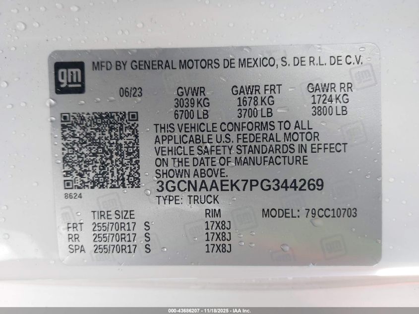 2023 Chevrolet Silverado 1500 2Wd Standard Bed Wt VIN: 3GCNAAEK7PG344269 Lot: 43686207