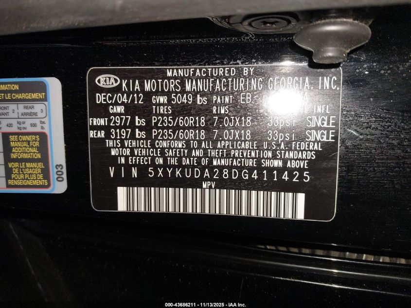 2013 Kia Sorento Ex V6 VIN: 5XYKUDA28DG411425 Lot: 43686211