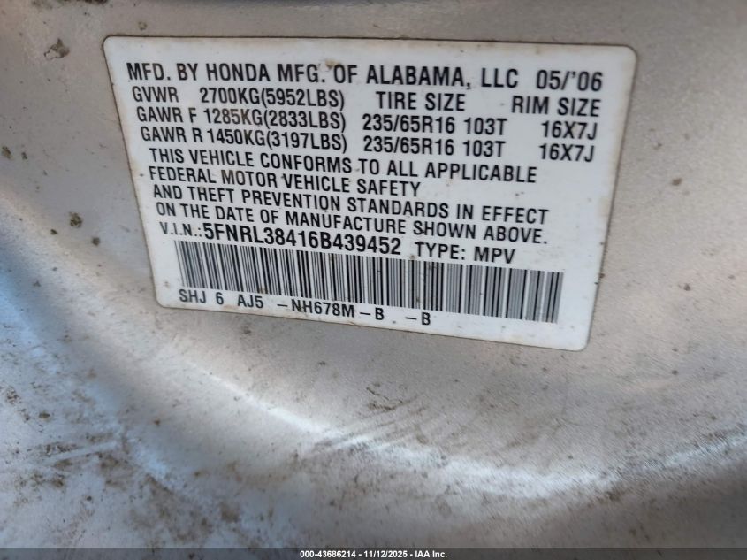 2006 Honda Odyssey Ex VIN: 5FNRL38416B439452 Lot: 43686214