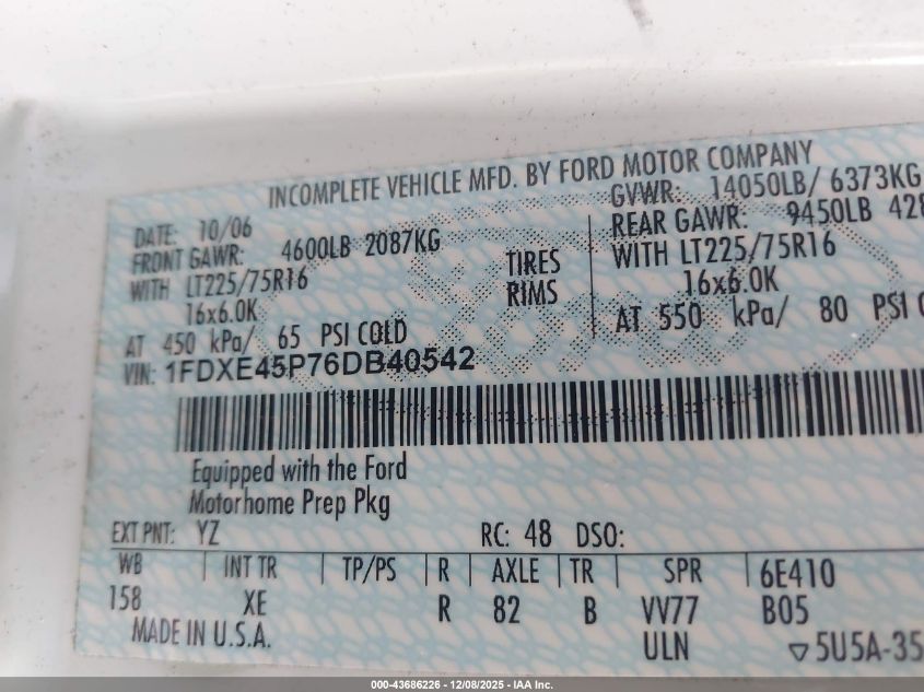2006 Ford E-450 Cutaway VIN: 1FDXE45P76DB40542 Lot: 43686226