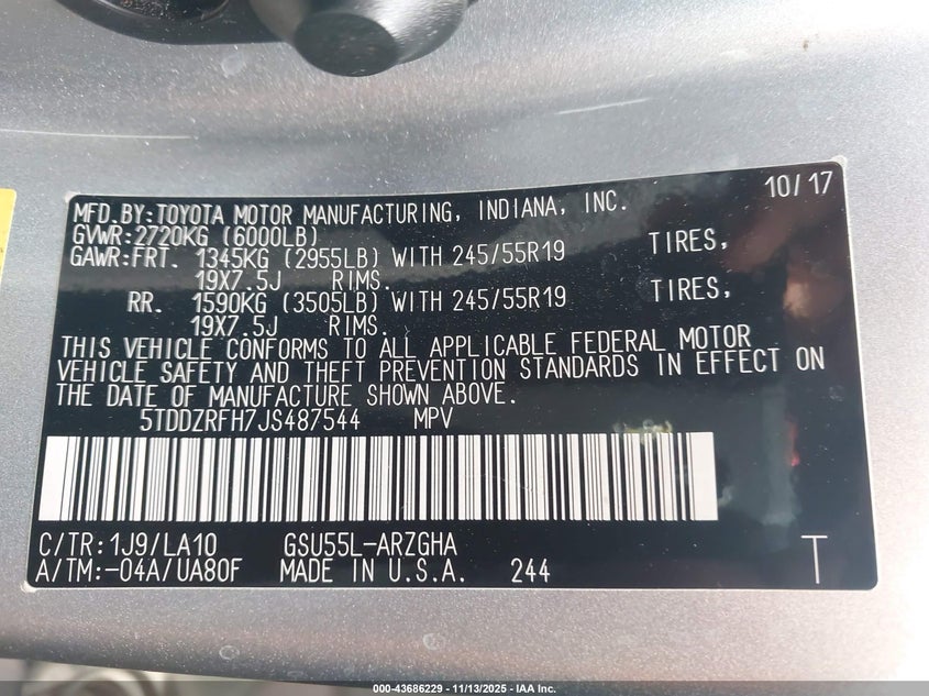 5TDDZRFH7JS487544 2018 TOYOTA HIGHLANDER photo no. 9