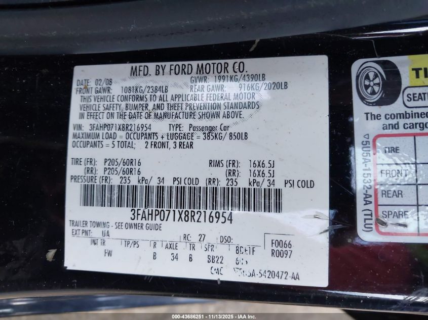 2008 Ford Fusion Se VIN: 3FAHP071X8R216954 Lot: 43686251