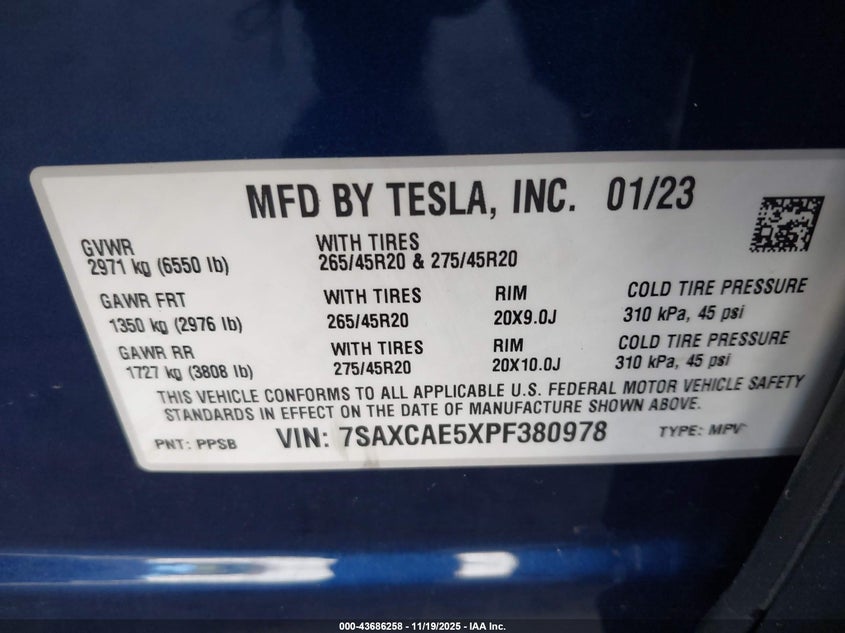 2023 Tesla Model X Dual Motor All-Wheel Drive/Standard Range VIN: 7SAXCAE5XPF380978 Lot: 43686258